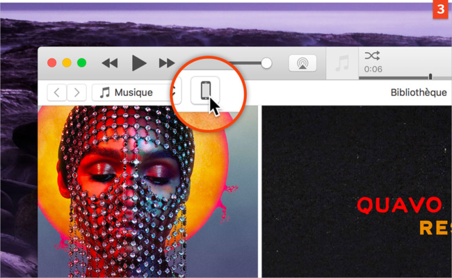 Cliquez sur l’icône de l’appareil pour accéder à son contenu. Si plusieurs iPhone sont connectés, un menu permettra d’effectuer un choix. Cliquez sur l’icône de l’appareil pour accéder à son contenu. Si plusieurs iPhone sont connectés, un menu permettra d’effectuer un choix.