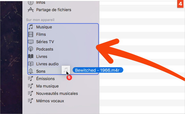 Glissez et déposez les fichiers M4R par-dessus la rubrique Sur mon appareil. Les sonneries seront automatiquement transférées. Glissez et déposez les fichiers M4R par-dessus la rubrique Sur mon appareil. Les sonneries seront automatiquement transférées.