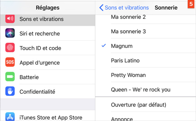 Tapotez la sonnerie à écouter. Une fois sélectionnée, celle-ci devient le son par défaut. Pour en changer, tapotez-en une autre. Tapotez la sonnerie à écouter. Une fois sélectionnée, celle-ci devient le son par défaut. Pour en changer, tapotez-en une autre.