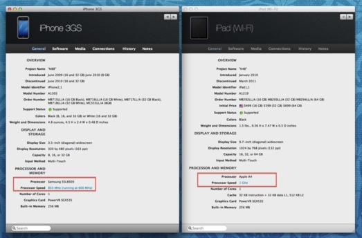L'iPhone 3GS, à gauche, a un processeur moins puissant que l'iPad 1, à droite. Pourtant l'iPhone 3GS sera compatible avec iOS 6, alors que l'iPad 1 ne le sera pas. (cliquez pour agrandir la capture) L'iPhone 3GS, à gauche, a un processeur moins puissant que l'iPad 1, à droite. Pourtant l'iPhone 3GS sera compatible avec iOS 6, alors que l'iPad 1 ne le sera pas. (cliquez pour agrandir la capture)