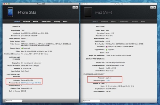 L'iPhone 3GS, à gauche, a un processeur moins puissant que l'iPad 1, à droite. Pourtant l'iPhone 3GS sera compatible avec iOS 6, alors que l'iPad 1 ne le sera pas. (cliquez pour agrandir la capture)