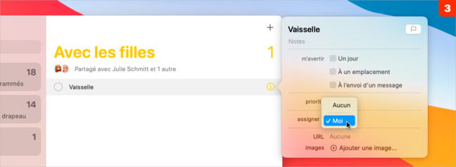 macOS 11 • Attribuer rapidement une tâche à une personne dans Rappels