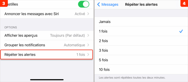 iOS • Modifier la répétition des alertes de réception d'un message