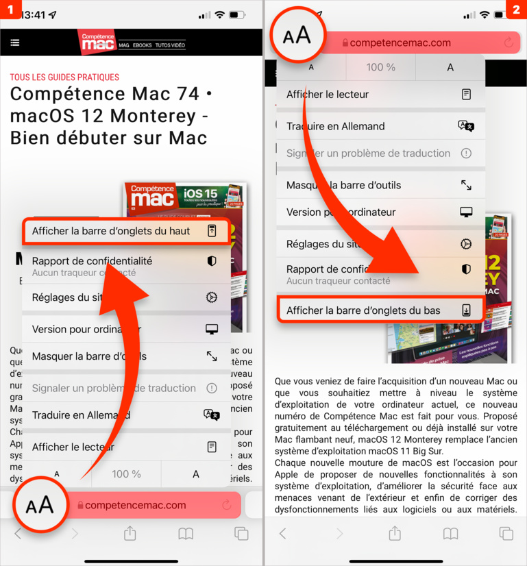 iOS 15 • Déplacez la barre d'adresse de Safari de bas en haut