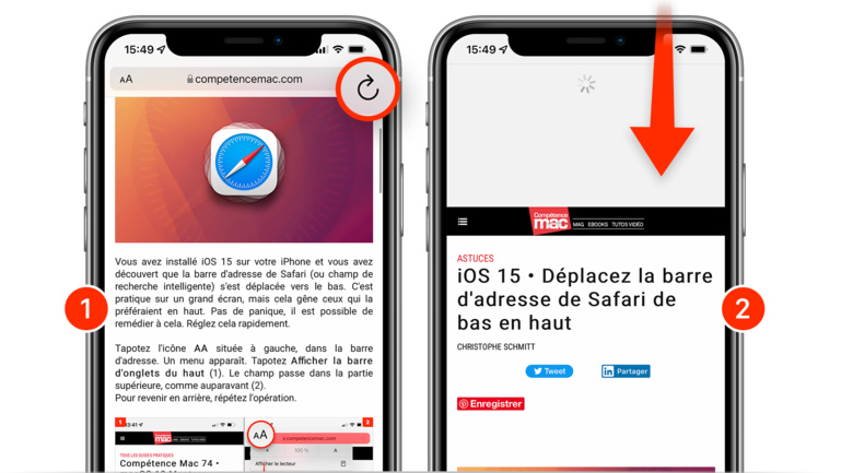 iOS 15 • Rafraîchissez une page web rapidement dans Safari