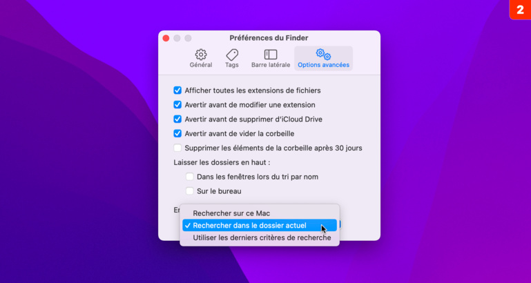 macOS • Effectuez une recherche uniquement dans le dossier ouvert