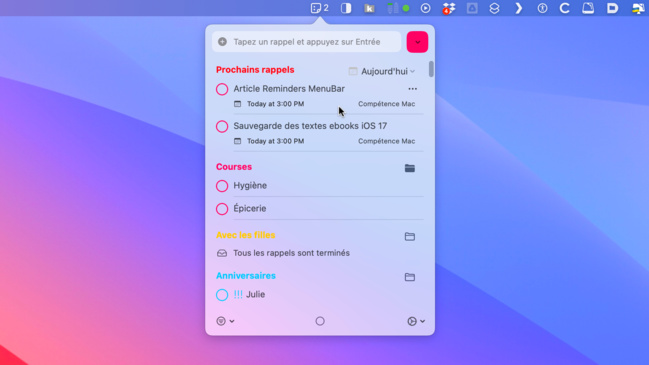 macOS • Retrouvez tous vos rappels directement dans la barre des menus