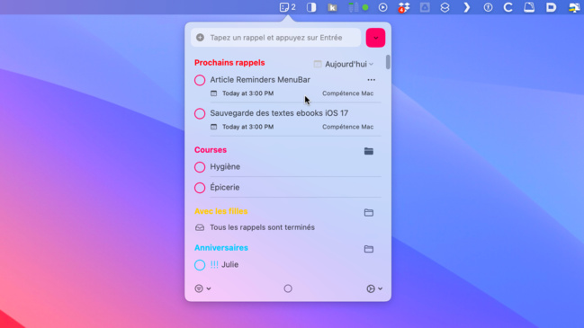 macOS • Retrouvez tous vos rappels directement dans la barre des menus macOS • Retrouvez tous vos rappels directement dans la barre des menus