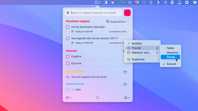 macOS • Retrouvez tous vos rappels directement dans la barre des menus