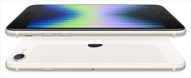 L’actuel iPhone SE 3 dans son coloris lumière stellaire. Photo © Apple. L’actuel iPhone SE 3 dans son coloris lumière stellaire. Photo © Apple.