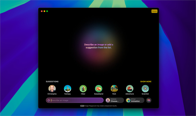 Apple Intelligence • Aperçu de l’application Image Playground à partir de macOS 15.3 beta Apple Intelligence • Aperçu de l’application Image Playground à partir de macOS 15.3 beta