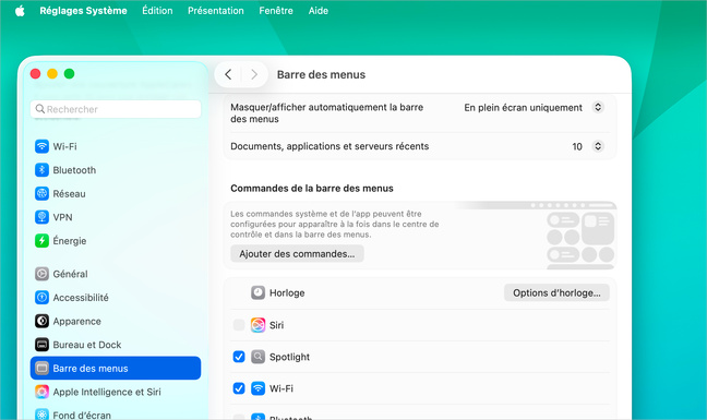La barre des menus transparente ou flottante de macOS 26. La barre des menus transparente ou flottante de macOS 26.