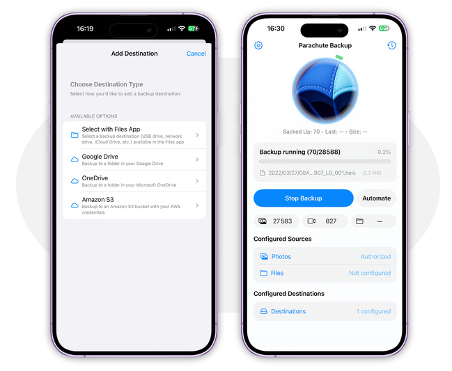 iOS • Parachute Backup se pose sur l’iPhone pour archiver iCloud