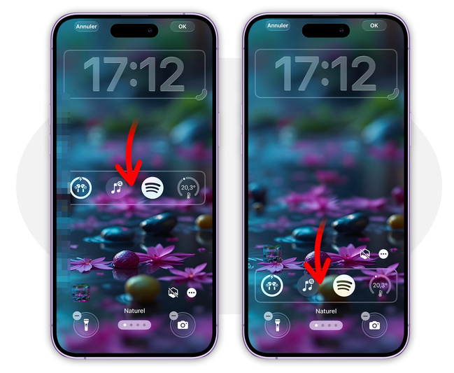 iOS 26 • Déplacez les widgets situés sous l’heure vers le bas de l’écran verrouillé
