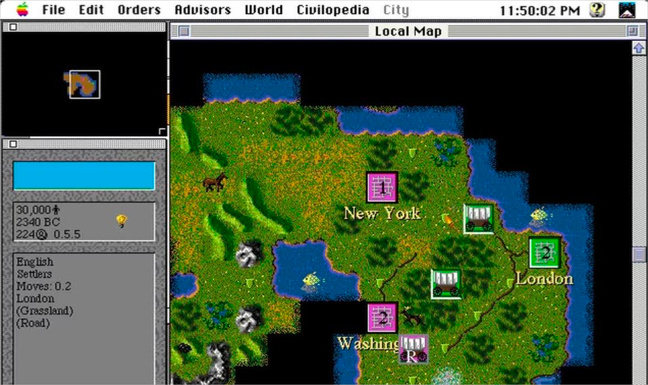 La toute première version de Civilization sur Mac (1991). Capture © Microprose. La toute première version de Civilization sur Mac (1991). Capture © Microprose.