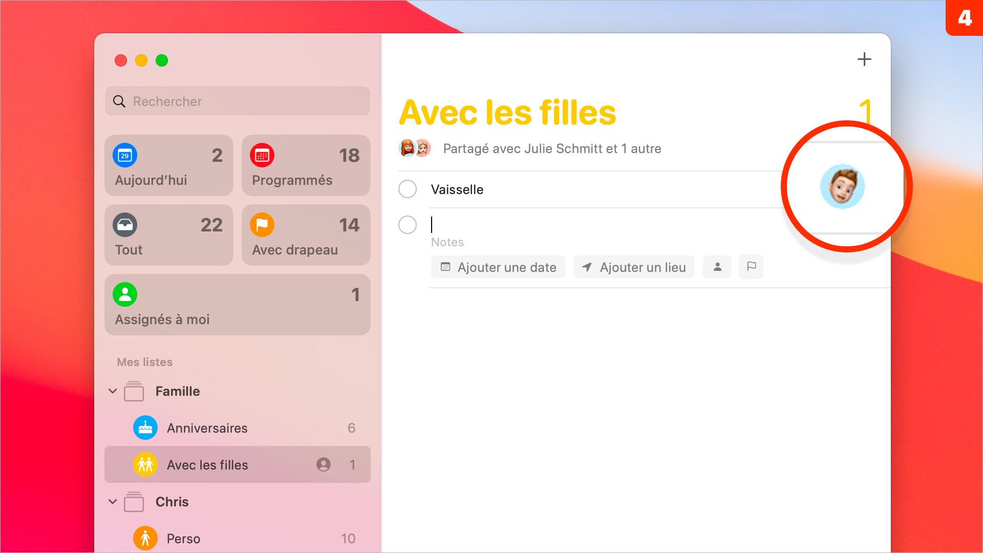 macOS 11 • Attribuer rapidement une tâche à une personne dans Rappels