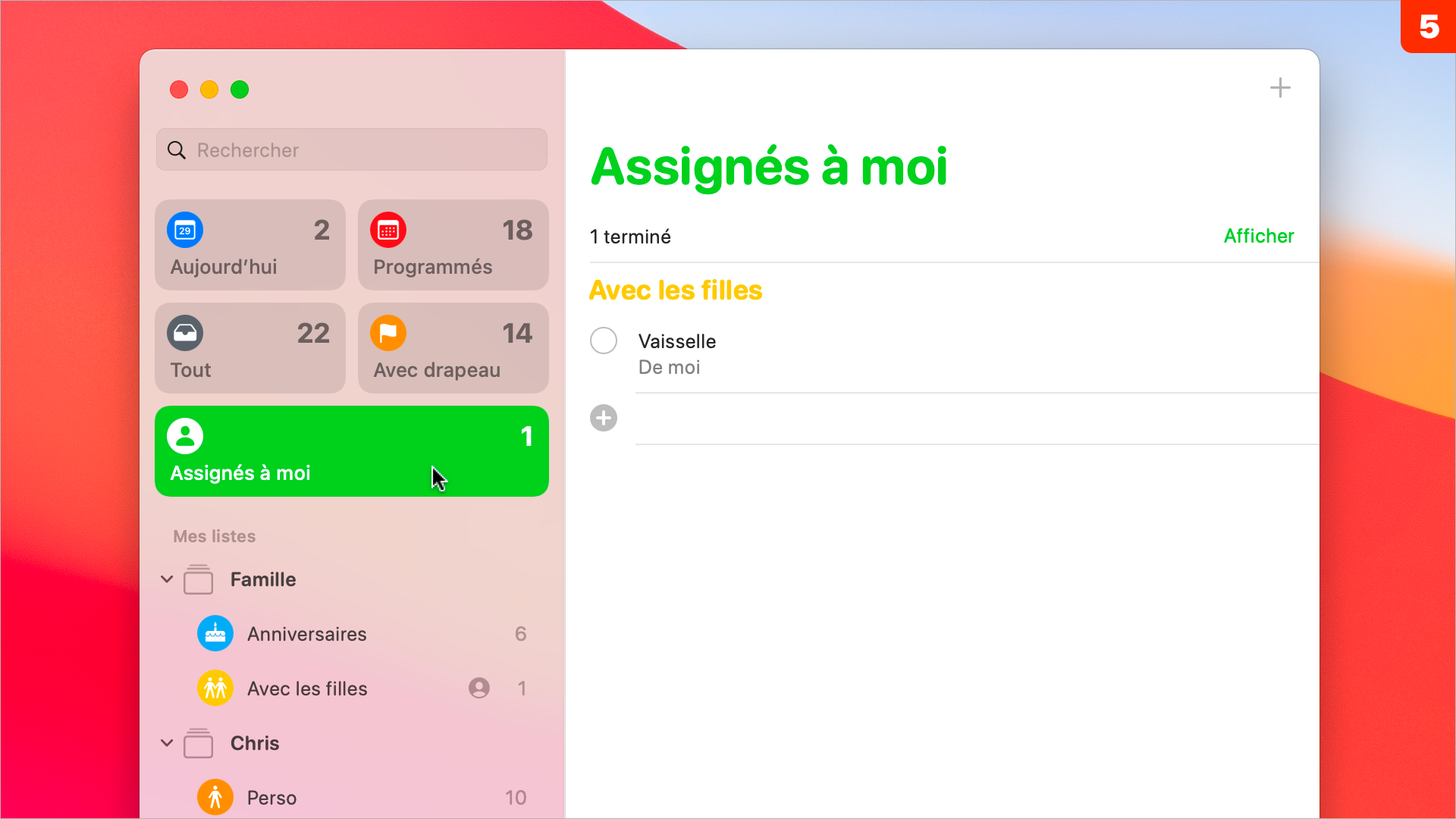 macOS 11 • Attribuer rapidement une tâche à une personne dans Rappels