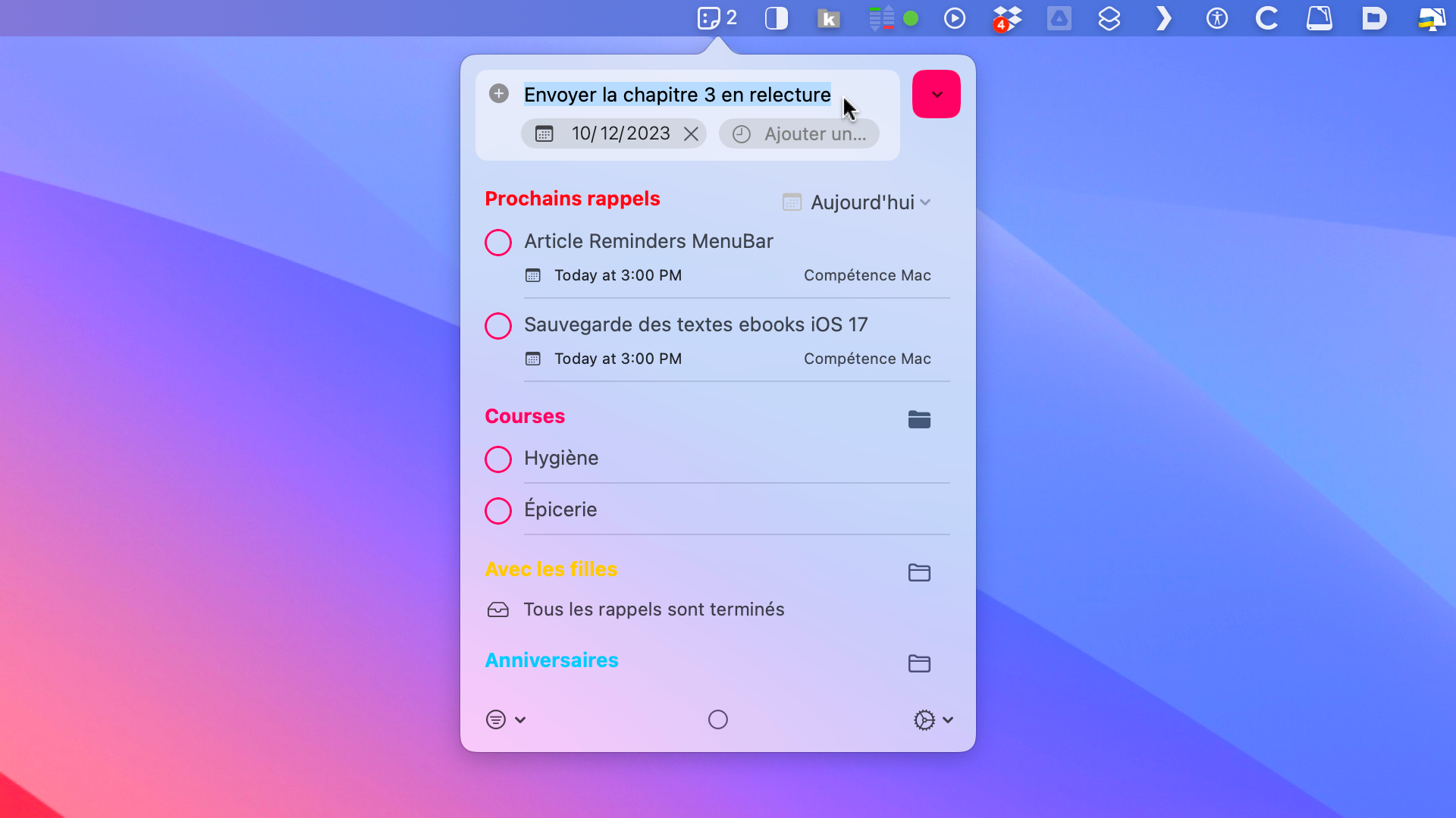 macOS • Retrouvez tous vos rappels directement dans la barre des menus