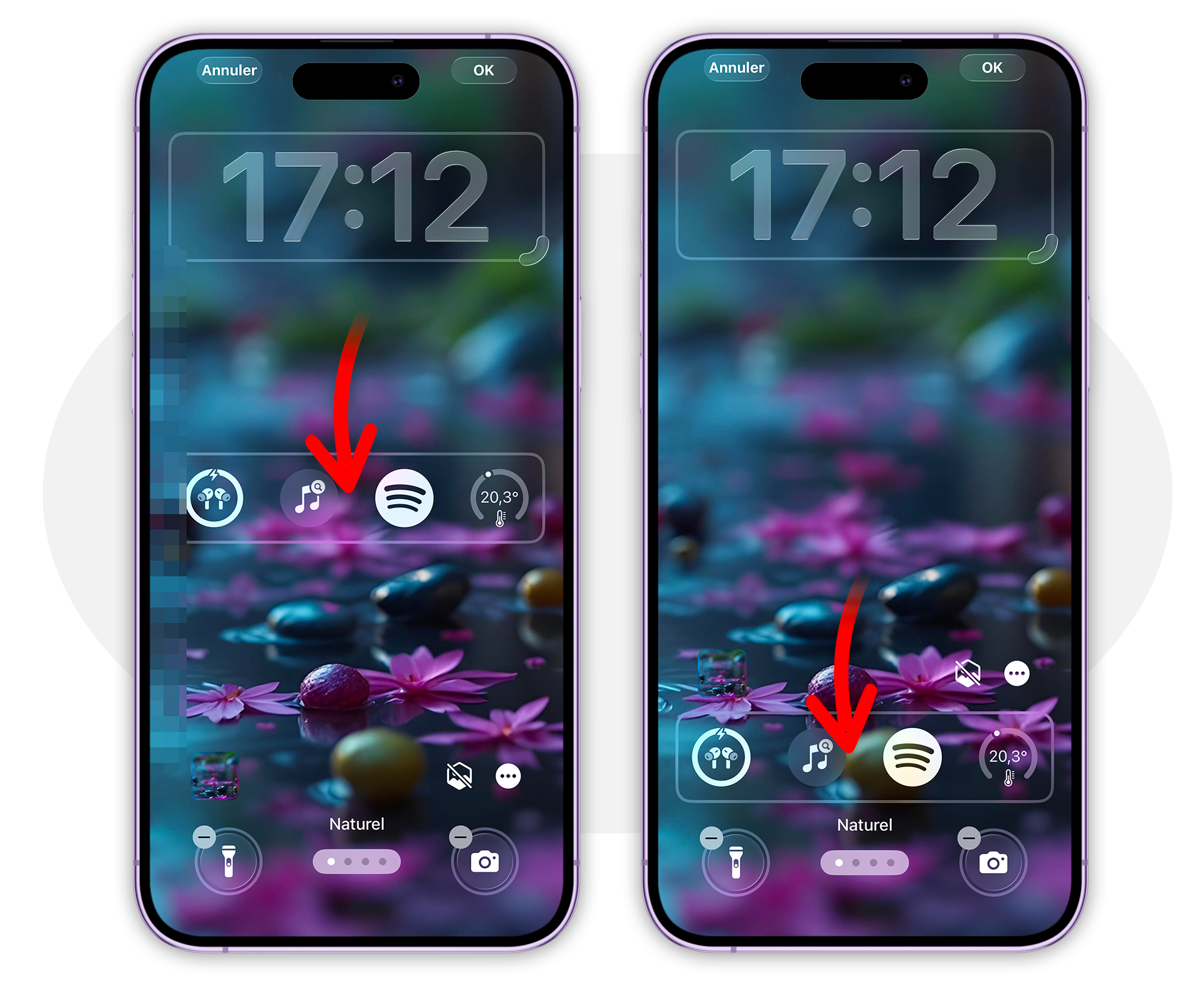 iOS 26 • Déplacez les widgets situés sous l’heure vers le bas de l’écran verrouillé