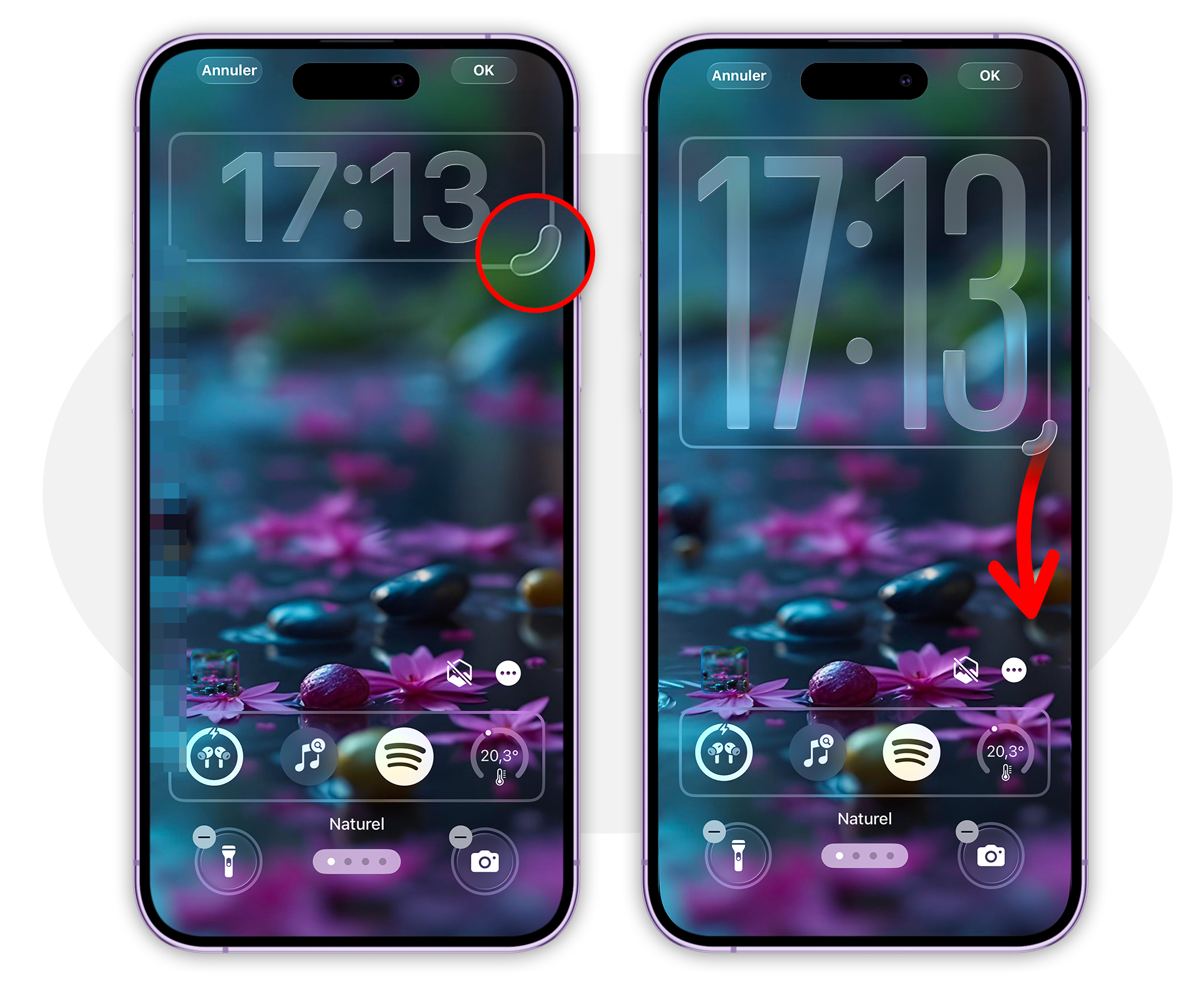 iOS 26 • Déplacez les widgets situés sous l’heure vers le bas de l’écran verrouillé