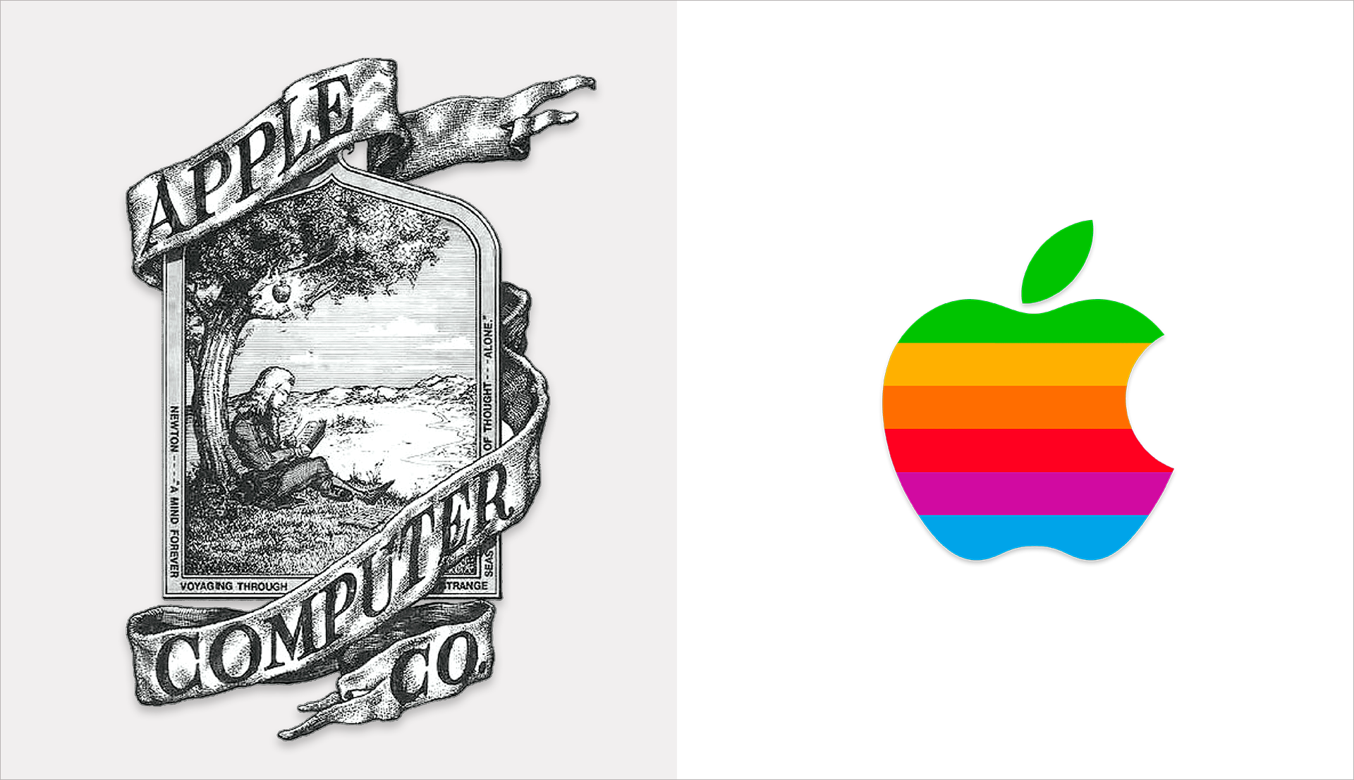 À gauche, le logo originel d'Apple (1976), à droite, la version la plus emblématique.